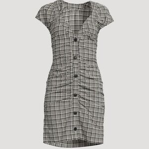 GANNI Ruched Seersucker Plaid Mini Dress